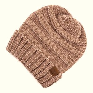C.C Hat Taupe Chenille Knit Cuff Beanie Soft